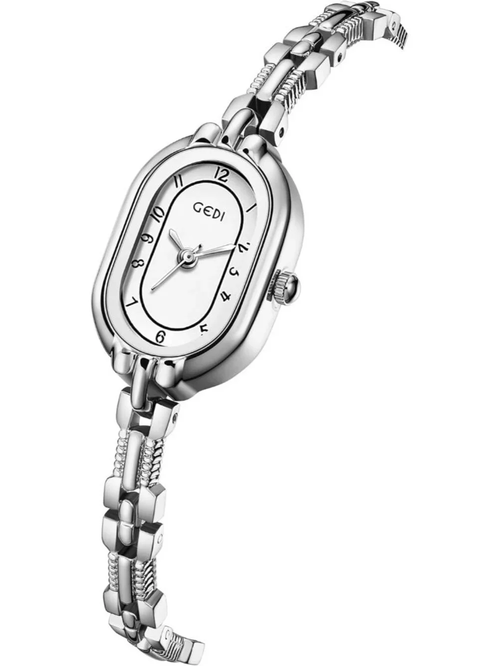 Women's Silver White Oval Vintage Bracelet Small Quartz Bangle Analog Watch